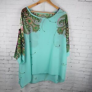 AQUA BLUE FLORAL PAISLEY SEMI SHEER ROUND NECK 3/4 SLEEVE OVERSIZED BLOUSE